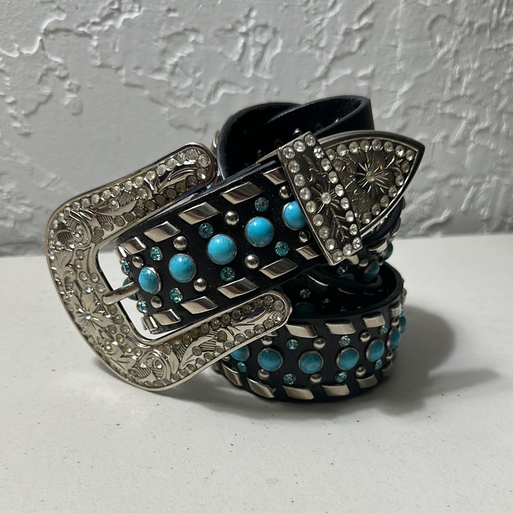 Western Style Black Belt with Turquoise Accents